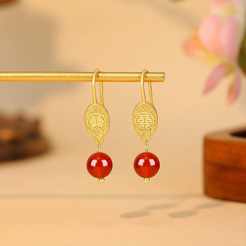 Earrings - 天然赤翡翠ビーズイヤリングお守り本物のジュエリー高級チャーム 18K ゴールドメッキデザイナーお守りヴィンテージギフト女性のための