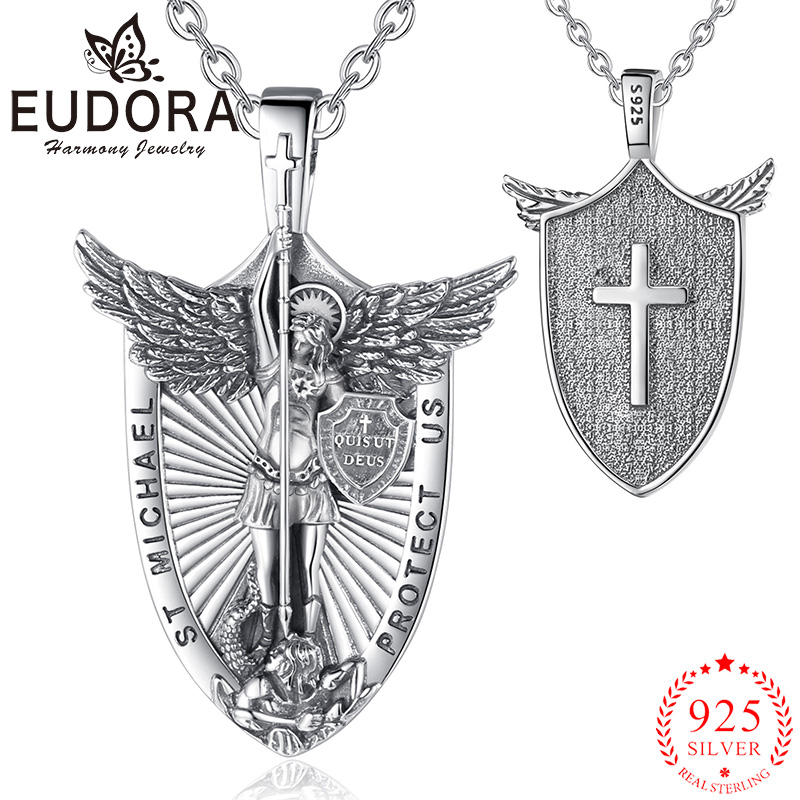 925 Sterling Silver Chain Necklace Men - 男性と女性のためのEudora-925スターリングシルバーネックレスサンマイケル,大天使,クロス戦士のお守り,クリスチャンペンダント,ヴィンテージジュエリーギフト