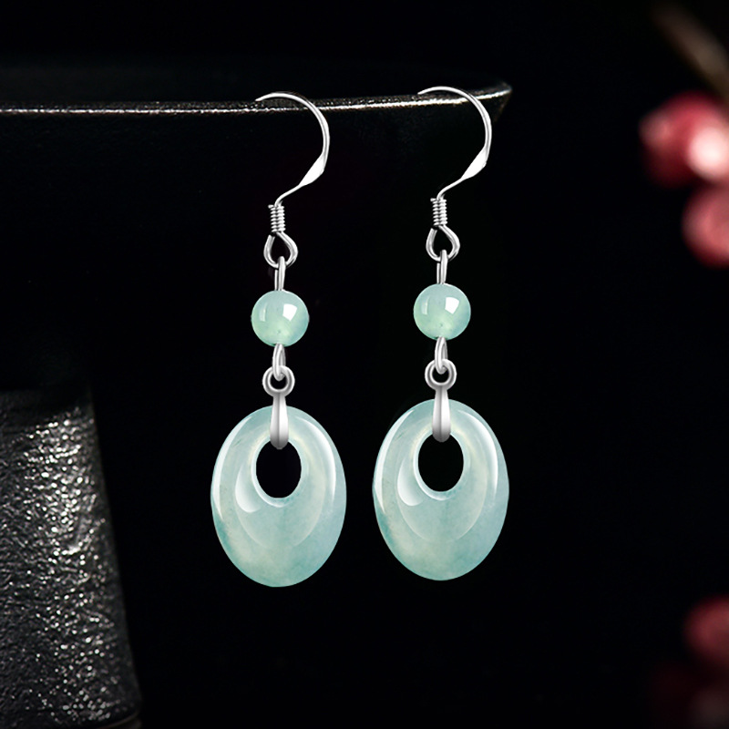 Earrings - ミャンマー翡翠リングイヤリング 925 シルバー女性へのギフト天然ジュエリーアクセサリー彫刻宝石本物の翡翠のお守り