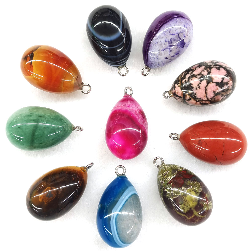 Crystal Pendant Necklace Natural Stone - 30x19mmのミニサイズの卵型ペンダント。天然石、ヒーリングクリスタル、アメジスト、水晶、アゲートを使用。ジュエリー製作やDIYネックレスのアクセサリーに最適。