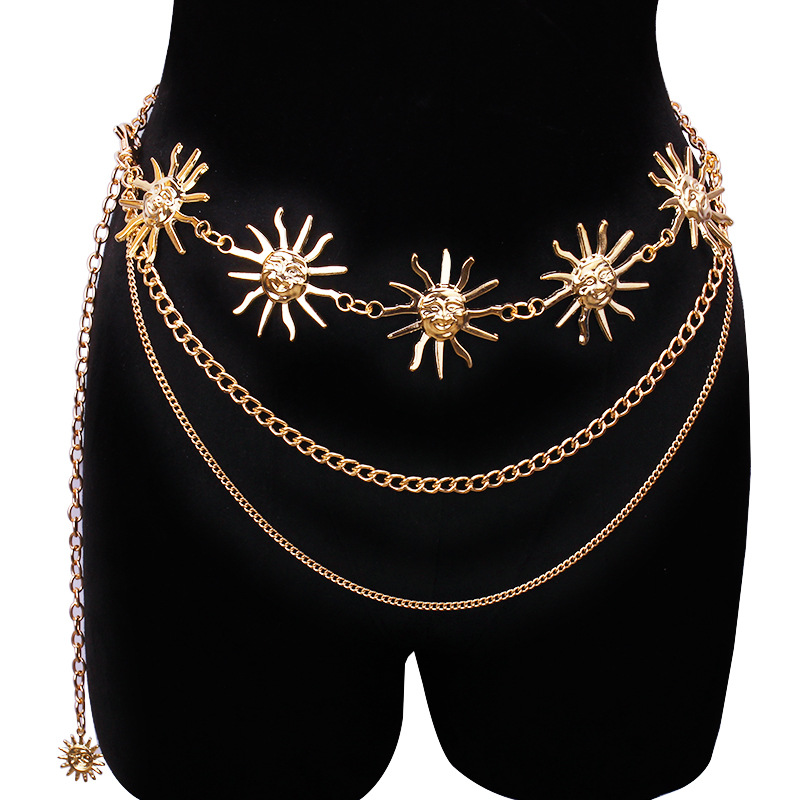 Body Jewelry - チャンキーな多層パンクゴシックムーンサンウエストチェーンメタルウエストベルト、女性用ドレスジュエリーボディチェーンジュエリー