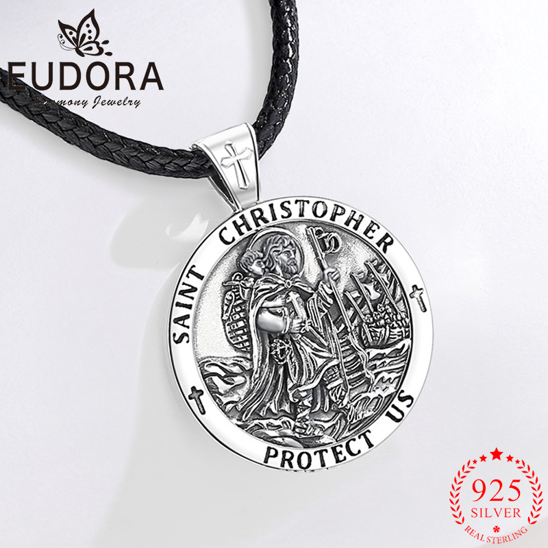 925 Sterling Silver Chain Necklace Men - Eudora 新 925 スターリングシルバー聖クリストファーペンダントメダルお守りネックレスカトリックジュエリー宗教ギフト男性女性のための