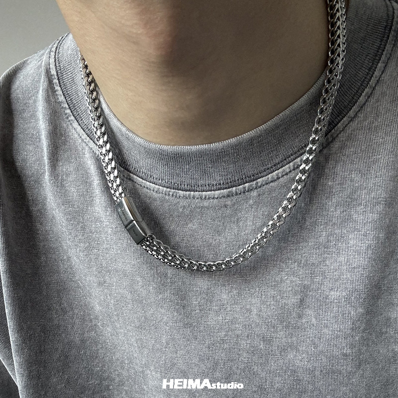 チタンとスチールのダブルキューバンネックレス,男性用,レトロ - Cuban Link Chain 12Mm のレビューと価格