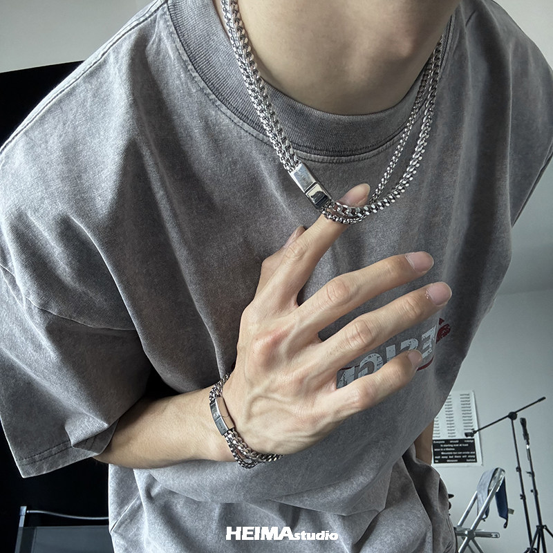 チタンとスチールのダブルキューバンネックレス,男性用,レトロ - Cuban Link Chain 12Mm のレビューと価格